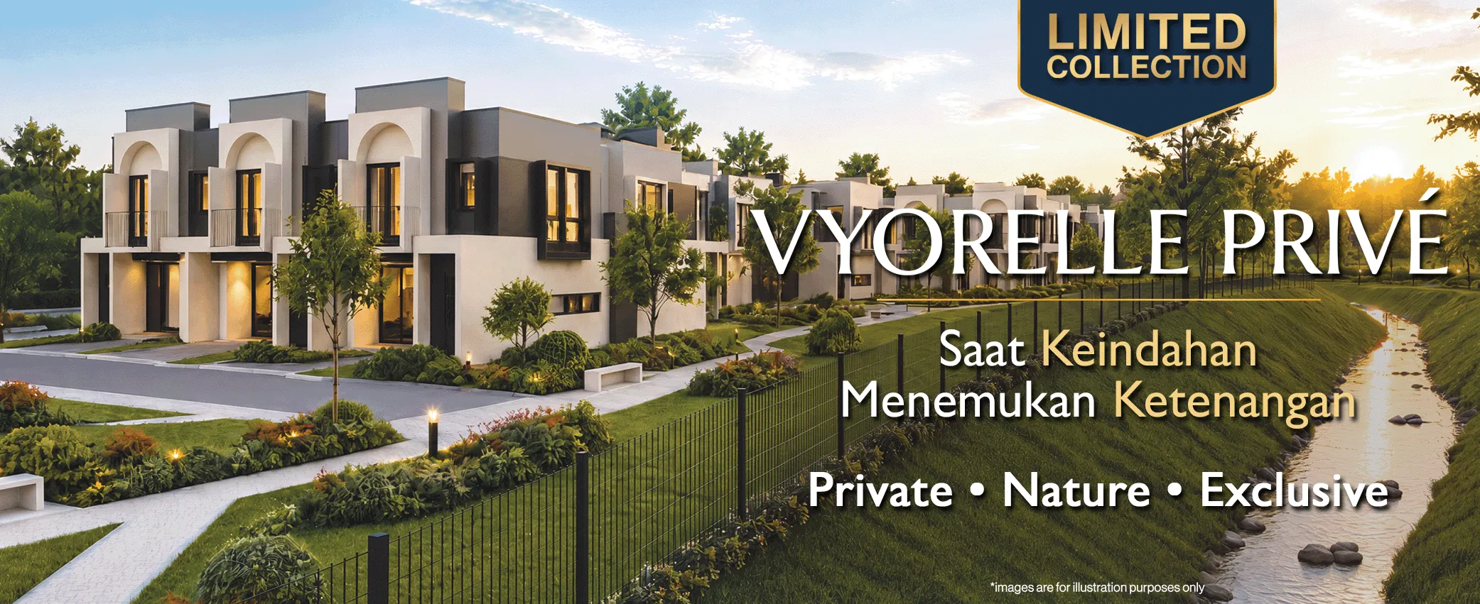 Ilustrasi Vyorelle Privé: deretan rumah Vyorelle dengan taman dan aliran sungai